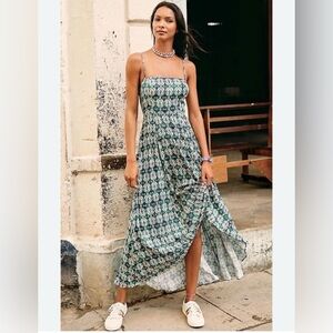 Free People Milania Maxi Dress Sz 10 Green Geometric Boho Vacation Resortwear